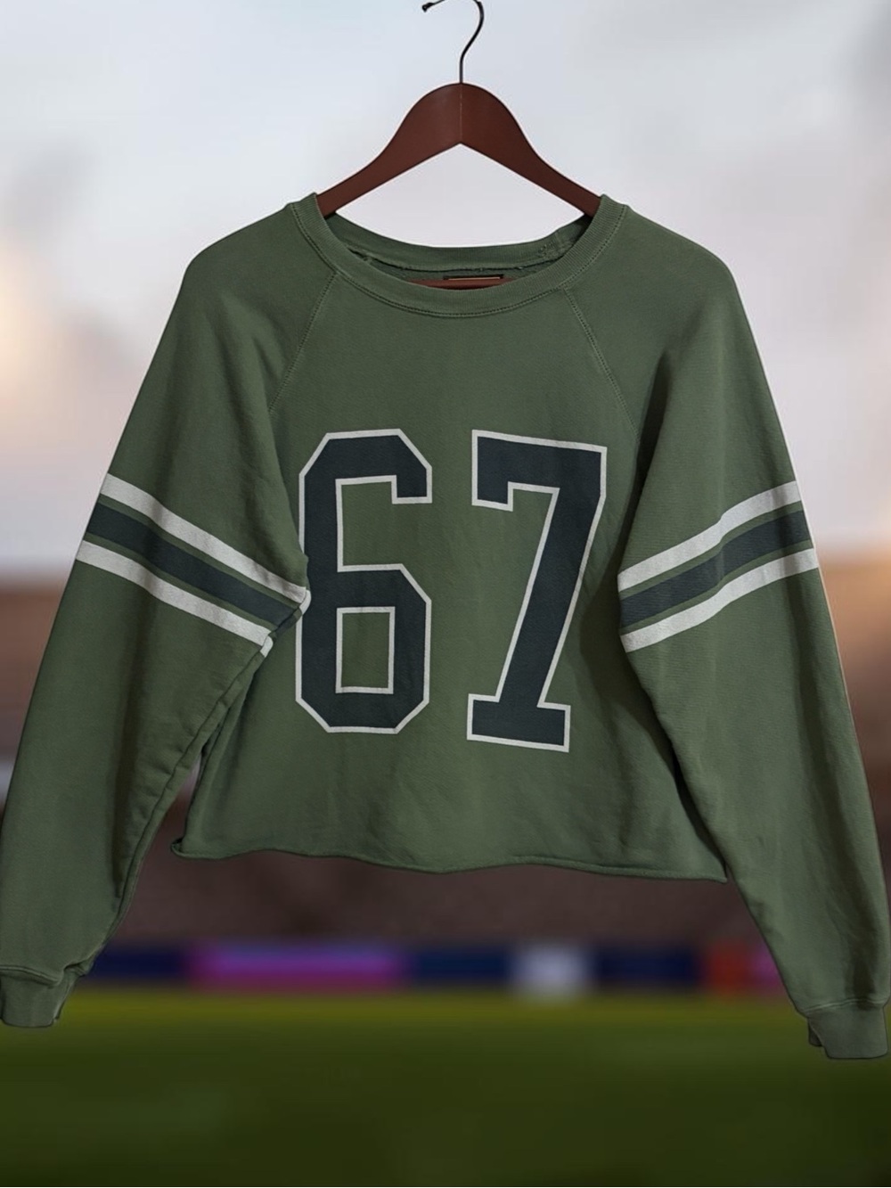 Retrobrand Olive Green Cropped Graphic Sweatshirt with '67' Sz S